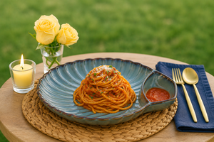 Blue Shell-Shaped <b>Ceramic</b> Serving Platter with Built-in Dip Bowl Decorative Dinner <b>Plate</b> for Pasta, Snacks & Appetizers Modern - Product Image 4