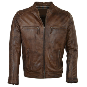 <b>Men's</b> Brown Solid Color Genuine <b>Leather</b> Moto <b>Jacket</b> Stand Collar Zipper Closure OEM Service <b>Leather</b> <b>Jacket</b> For Sale - Product Image 6