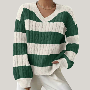 Pull tricoté décontracté pour femme, col en V, motif torsadé, rayé, épaules tombantes, manches longues, collection hiver - Product Image 3