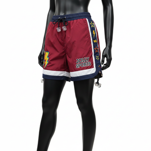 Shorts cortavientos de poliéster ligero de 130 GSM, color granate, blanco y azul marino, con bordado de logotipo personalizado para mujer. - Product Image 4