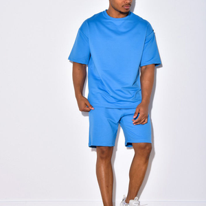 High quality Men's Casual Summer Short Sleeve <b>Knitted</b> Polyester/Cotton Breathable Solid Design T-Shirt Shorts <b>Set</b> - Product Image 1