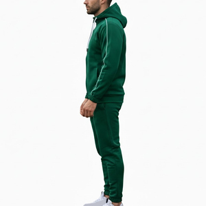 Ensemble de survêtement en coton vert pour homme HMA, sweat à capuche zippé et pantalon de jogging avec bande blanche - Product Image 3