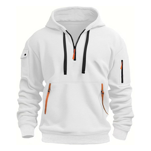 Sweat-shirt à capuche bleu marine à demi-zip, coupe classique, couleur unie, pull décontracté avec poches, en polyester tricoté - Product Image 5