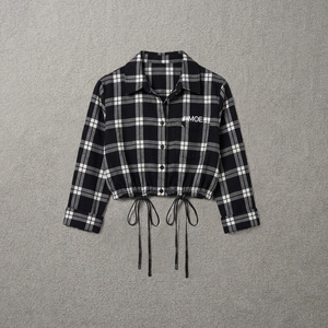 Checkered Black White women's shirt Button Down Crop Shirt Long Sleeve Casual Top Adjustable Hem Drawstrings Custom Logo Regular - Product Image 3