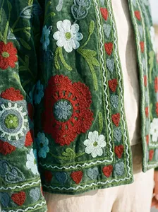 เสื้อแจ็คเก็ตผ้าฝ้ายปักลายดอกไม้สีเขียวสไตล์โบฮีเมียนสำหรับผู้หญิง งานแฮนด์เมดสไตล์วินเทจแบบเปิดด้านหน้า - Product Image 4