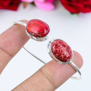 Bracelet manchette en argent sterling 925 fait main avec jaspe de sédiments marins et pierres précieuses, cadeau de fiançailles pour femme - Product Image 1