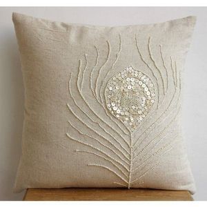 <b>Red</b> Maple Leaf Beaded <b>Sequin</b> Cushion Cover Linen Fabric Hand Embroidered Autumn Theme Throw Pillow Case For Sofa Couch Bed Home - Product Image 3