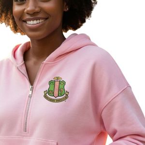 Light Pink Women Half Zip Hooded Jacket with <b>Green</b> Embroidered Crest Long Sleeve Casual Pullover Hoodie Soft Comfortable Wear - Product Image 5