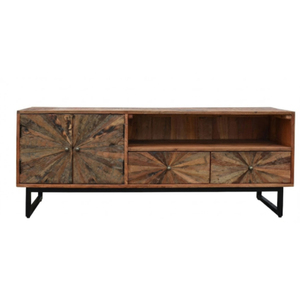 Meuble TV en bois massif recyclé fait main, réglable, unique, rayé, moderne, bas, multi-rangements, style ferme, pour la maison - Product Image 1