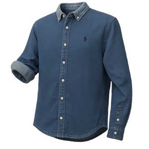 <b>Men's</b> Casual 100% Cotton <b>Denim</b> Full Sleeve <b>Shirt</b> Indigo Structure Dobby Dark with Acid Wash Collar Breathable outside Washed out - Product Image 1