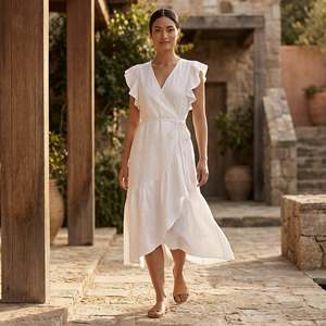 Hermoso y Elegante Vestido Midi Cruzado de Algodón Blanco con Volantes para Mujer, con Tela Ligera y Ajuste Cómodo para Uso Diario - Product Image 4