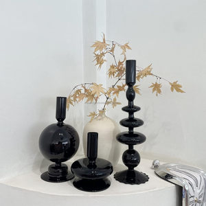 Porte-bougie en métal noir, ornement de luxe léger, sensation haut de gamme, formes géométriques, vase horizontal de chevet, décoration pour bougies - Product Image 3