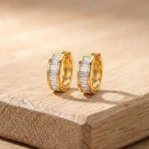 Modern 10K 14K 18K <b>Solid</b> <b>Gold</b> Lab Grown Diamond Baguette Cluster 1.35 CT Per Pair <b>Huggies</b> Hoop Earrings Fine Jewelry For Women - Product Image 2