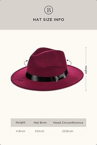 Burgundy Wool Fedora Hat with Black Ribbon Band Wide Brim Unisex Formal Style for Party Four Seasons Adult Accessory - Product Image 4