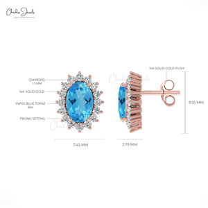 Fournisseur en gros de bijoux : Boucles d'oreilles clous en or 14K avec halo de diamants et topaze bleue suisse taille ovale 6x4mm, fermoir push-back, bijoux minimalistes pour femme - Product Image 5