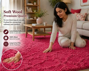 Tapis en laine rose foncé 15 mm, bouclé et à poils coupés, fait main |   Tapis moelleux en peluche |   Tapis de salon moderne |   Tapis épais et confortable |   Accueil - Product Image 3