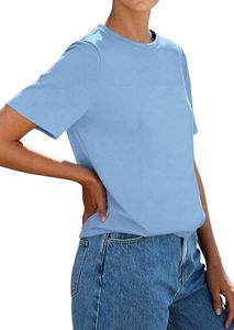 Haut court tricoté en coton bleu à col rond et manches courtes pour femme, coupe régulière, couleur unie, respirant, écologique, séchage rapide - Product Image 3