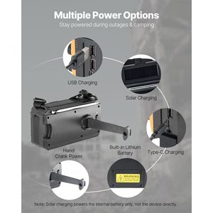 8000mAh Battery Emergency Weather Radio Solar Hand Crank FM/AM/WB/NOAA Alert <b>Type</b>-<b>C</b> <b>Charging</b> <b>USB</b> <b>Cable</b> SOS-Safety Survival Gear - Product Image 3