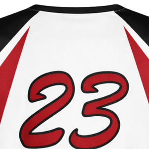 Maillot de softball à sublimation intégrale, dégradé blanc, noir et rouge, col en V, uniforme d'équipe personnalisé avec numéro imprimé au dos - Product Image 6