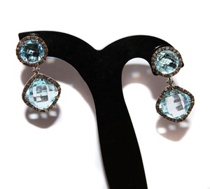 Wholesale 24.50CT 925 Silver Natural <b>Blue</b> <b>Topaz</b> Champagne Diamond Halo Drop Dangle <b>Earrings</b> Memoria Jewels - Product Image 2