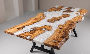 Table à manger moderne en bois de noyer avec bord naturel et résine, pieds en bois, forme rectangulaire, meuble artisanal pour la maison, 4 places - Product Image 2