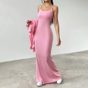 Robe longue à capuche zippée rose pour femme, ensemble deux pièces décontracté en coton et élasthanne à manches longues de couleur unie, style printemps - Product Image 3