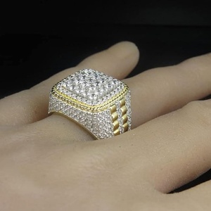 Men's Iced Gold Plated <b>Ring</b> Square Center Stone Micro Insert <b>Crystal</b> Band for Wedding Party - Product Image 1