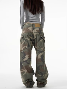 Vintage Denim Women's Loose Fit Mid Waist Summer Straight-leg Breathable Casual Streetwear Camouflage Cargo Jeans - Product Image 3