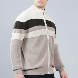 Cardigan zippé pour homme, col mandarin, rayé, en laine et acrylique, tricoté, pour l'hiver, anti-boulochage, manches classiques - Product Image 2
