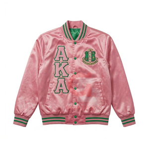 แจ็คเก็ตบอมเบอร์ผ้าซาตินกันลม สีชมพูเขียว สำหรับสตรี  ปักลายตัวอักษรกรีก  แบบสั้น  สำหรับชมรมนักศึกษา  วิทยาลัย และ HBCU - Product Image 1