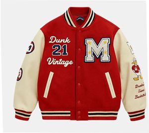 Red White Casual Varsity Jacket Stand Collar Worsted Finished Letter Embroidered <b>Button</b> Front Winter Outerwear - Product Image 1