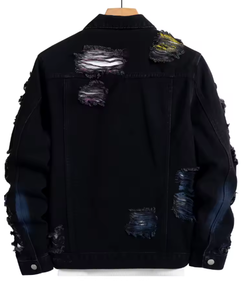 เสื้อแจ็คเก็ตยีนส์สีดำสำหรับผู้ชาย แต่งดีเทลขาดๆ พร้อมปะติดและเย็บสีสันสดใส แบบลำลองติดกระดุมด้านหน้า - Product Image 5