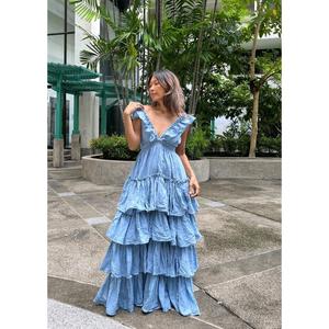 Dusty Blue Tiered Ruffle Maxi Dress Deep V Neck Tie Back <b>Boho</b> Gown Smocked Natural Waist Sleeveless Organic Cotton Eco-Friendly - Product Image 1