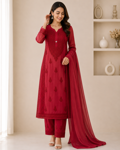 <b>Women</b> Red Chikankari Hand Embroidered Straight <b>Kurti</b> Floral Ethnic Wear - Product Image 1