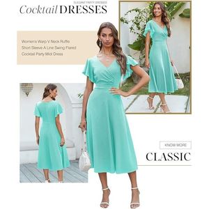 Vestido Formal de Verano para Mujer, Talla Mediana, Color Azul Cielo, Cuello en V, Dobladillo con Volantes, Cintura Alta, Estilo Fluido para la Noche, Talla M - Product Image 4
