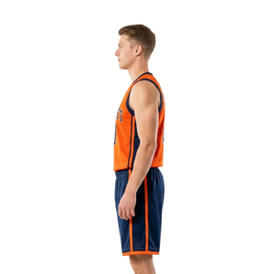 Ensemble d'uniformes de basket-ball classiques pour adultes, maillot sans manches à col en V, short décontracté avec bordure latérale, nom et numéro du joueur, 100% coton - Product Image 5