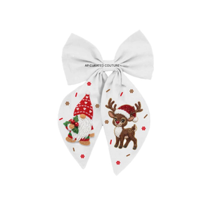 Noeud de cheveux brodé de Noël avec motif gnome et renne, ruban blanc, fait main, accessoire pour femme, pinces à cheveux, nœud perlé - Product Image 3