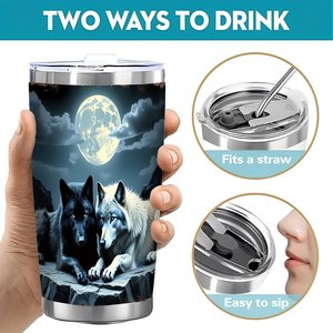 Stainless Steel Tumbler 20oz Vacuum <b>Insulated</b> Portable Car <b>Mug</b> With Wolf Moon Design - Product Image 5