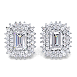 IGI Certified Lab Grown Diamond <b>Emerald</b> Cut Double Halo <b>Stud</b> Earrings 14K Yellow / White / Rose Gold Rectangle Cluster Earrings - Product Image 4