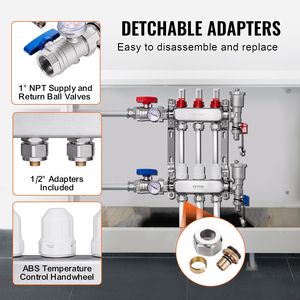 Collettore a 3 ramificazioni da 1/2 pollice per tubi PEX, in acciaio inossidabile, per riscaldamento radiante idronico a pavimento per sistemi HVAC - Product Image 3