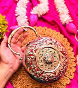 Handmade Handcrafted Round Meenakari Metal Potli Clutch Bag Designer Bridal <b>Purse</b> Red <b>Green</b> Floral Pattern Circular Shape Ring - Product Image 2