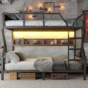 Letto a Castello in Metallo Queen Over Queen con Ripiani Portaoggetti e Luci, Design Salvaspazio e Silenzioso, Colore Nero - Product Image 3
