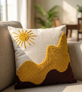 Artistic Tufted Landscape <b>Cushion</b> Cover Featuring Sun and Mountain Motif - Product Image 1