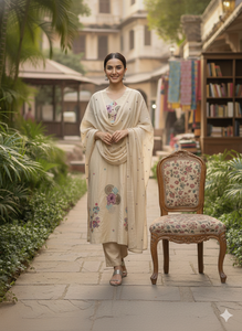 Ensemble décontracté pour femme en coton beige à séchage rapide, longueur cheville, style ethnique, broderie florale, style Inde Pakistan, coupe régulière, toutes tailles - Product Image 5