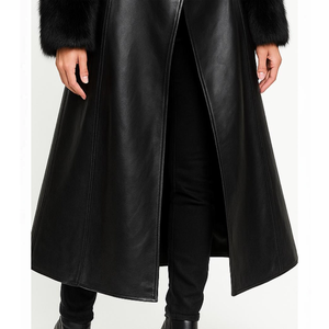 Women's Long Faux Leather Trench <b>Coat</b> With Fur Trim Elegant <b>Winter</b> Outerwear Black Full Sleeve <b>Thick</b> Warm Coating - Product Image 3