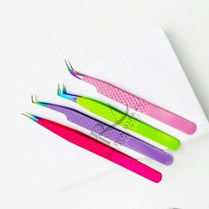 Pinzas de extensión de pestañas de acero inoxidable con 4 colores diferentes de recubrimiento en polvo y punta multicolor de plasma, puntas regulares. - Product Image 2