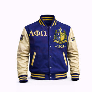 Blouson universitaire de style luxueux avec corps en mélange de laine et manches en cuir véritable, personnalisable avec des mots grecs pour fraternité universitaire - Product Image 1