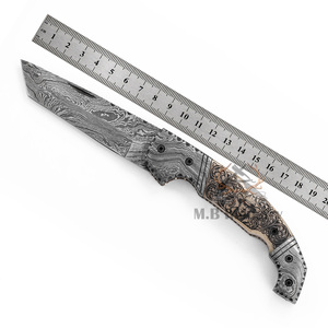 มีดพับเหล็กดามัสกัสเกรดอุตสาหกรรมแบบกำหนดเอง OEM - ขนาด 19 ซม. ลายสลิมชอว์ด้วยเลเซอร์ ด้ามจับกระดูกอูฐ - Gunsmoke Legacy Survival - Product Image 2