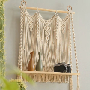 Wooden Macrame Wall Shelf Bohemian Hanging Shelf Ideal <b>For</b> Home <b>Decor</b> Storage Display Rack Plants Books And Other <b>Decor</b> <b>Items</b> - Product Image 1