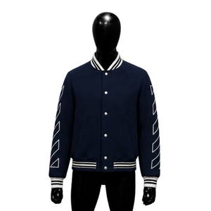 CLASSIC NAVY LETTERMAN VARSITY <b>JACKET</b> FOR <b>MEN</b> With <b>White</b> Geometric Stripes On Sleeves Preppy Style Regular Fit Turn-down Collar - Product Image 1